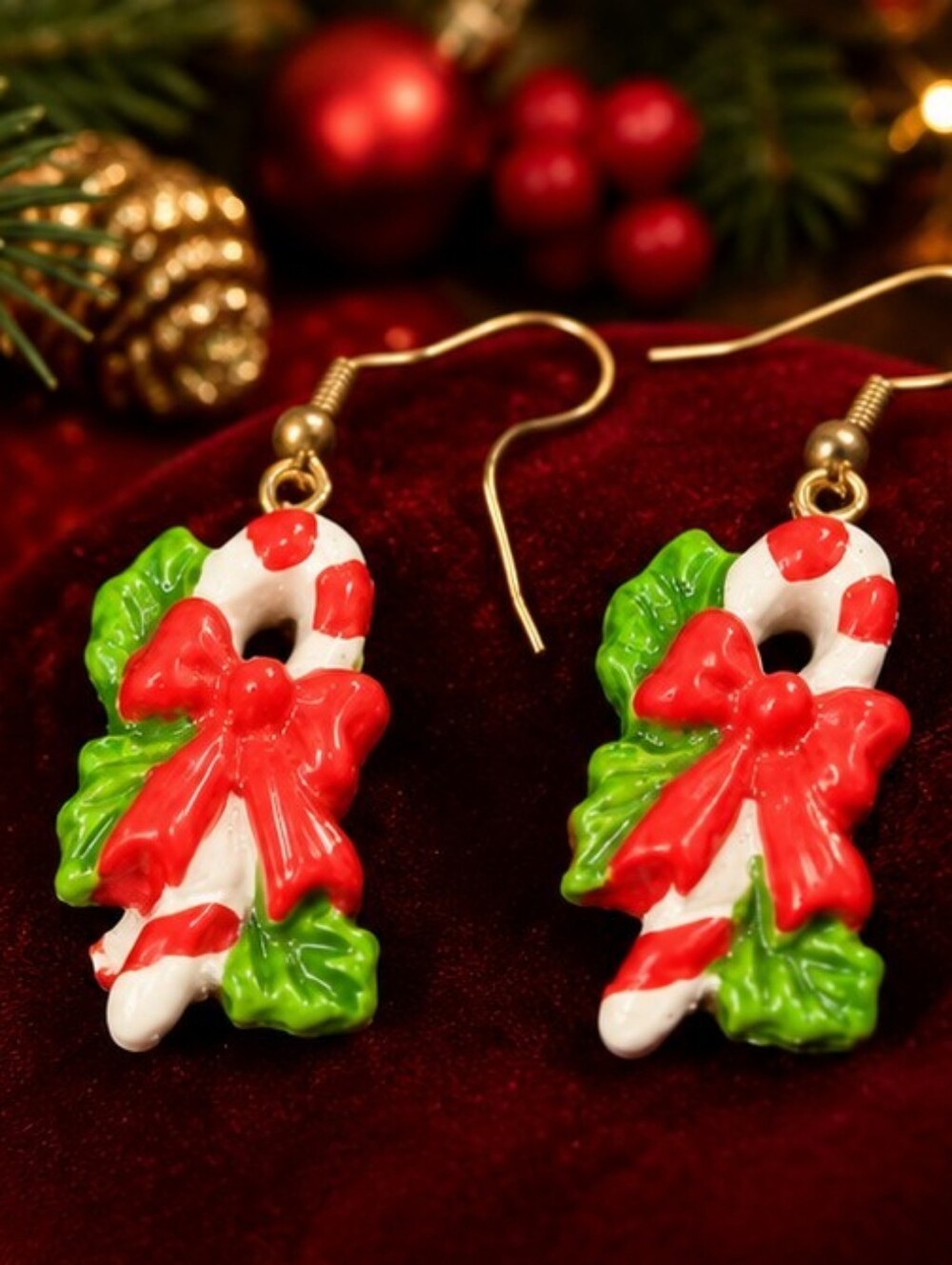 Vintage Christmas Candy Cane Wreath Dangle Earrings Retro Holiday Red Green Cute